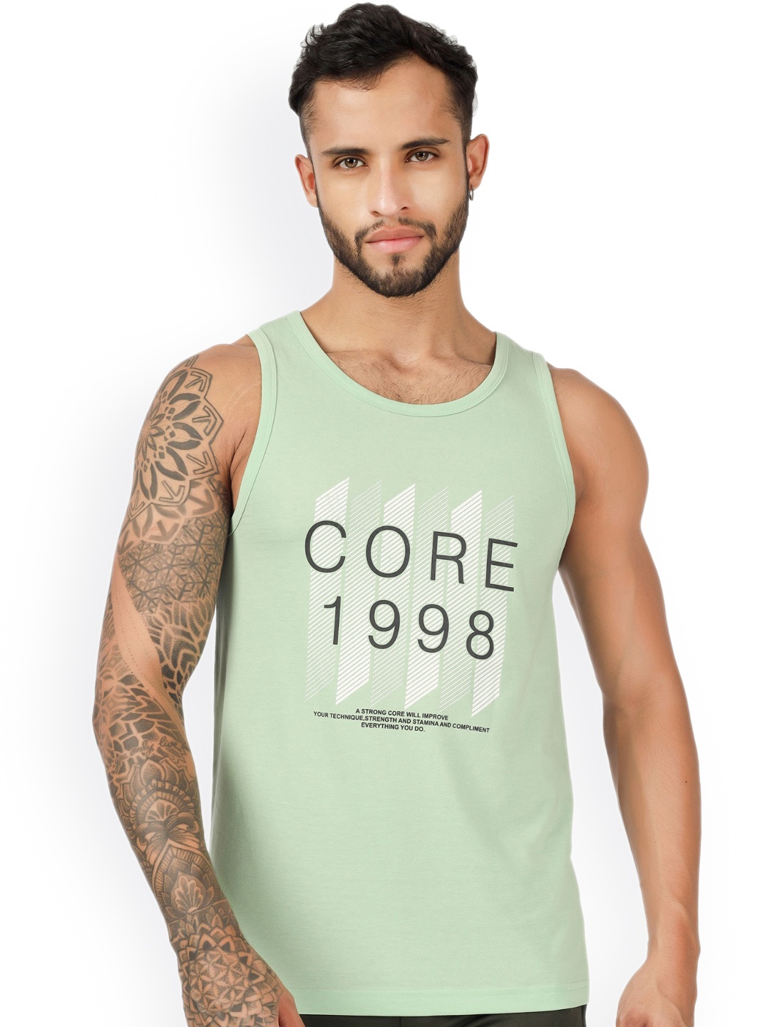 

BLUEFICUS Typography Printed Pure Cotton Basic Vest-105-M-CORE-SANDO-PISTA GREEN-XL