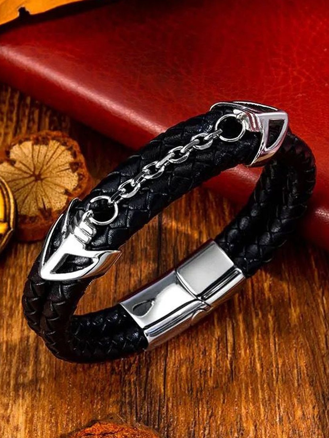 

ZIVOM Men Leather Silver-Plated Wraparound Bracelet