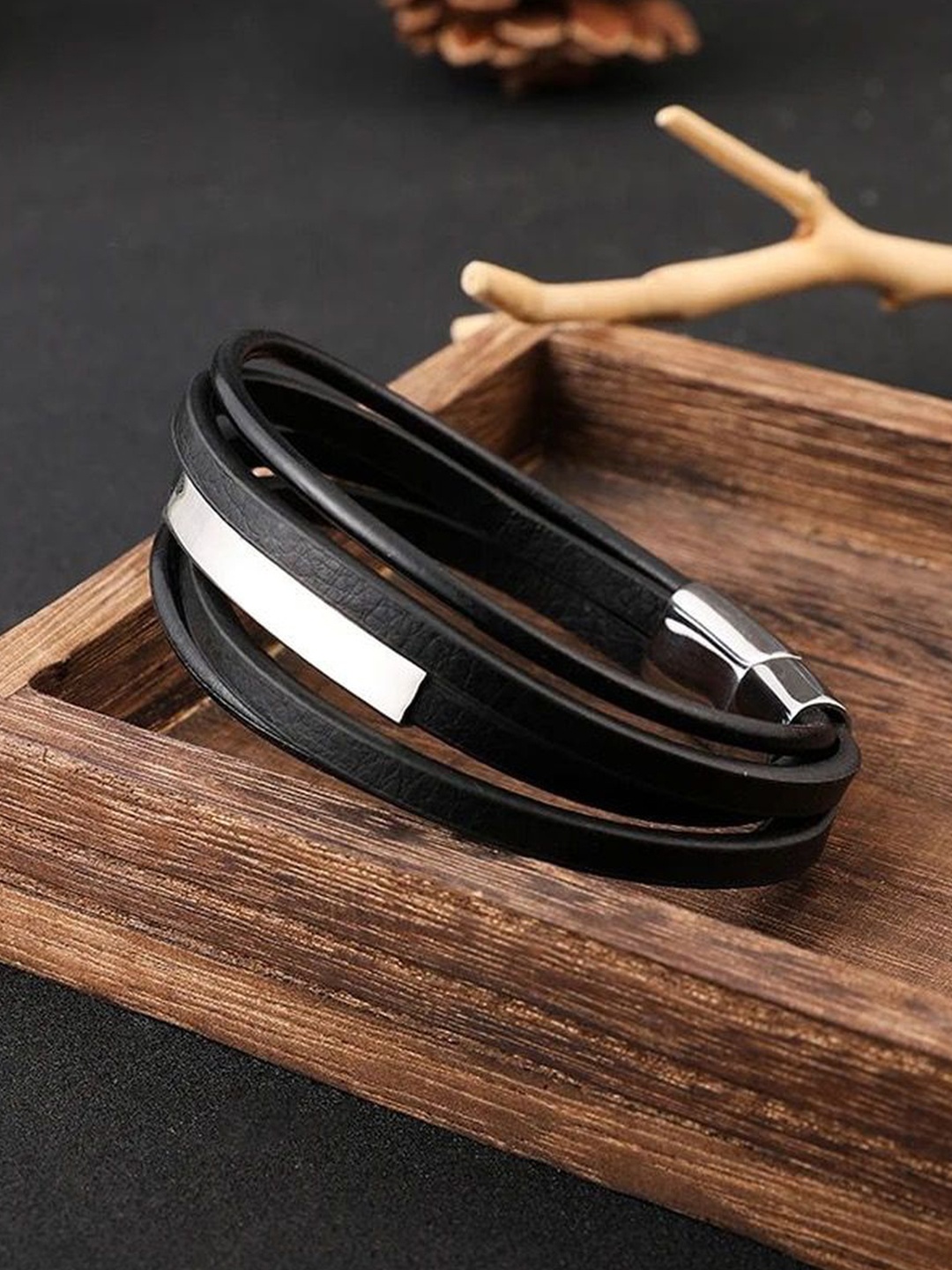 

ZIVOM Men Leather Silver-Plated Multistrand Wraparound Bracelet