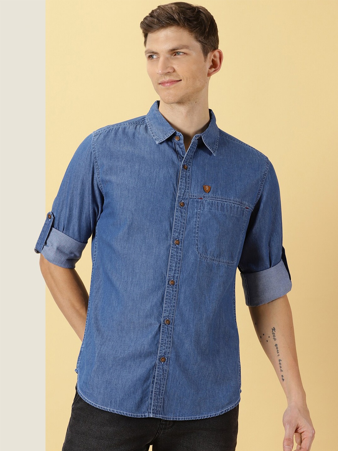 

Thomas Scott Smart Slim Fit Spread Collar Pure Cotton Denim Casual Overdyed Shirt, Blue