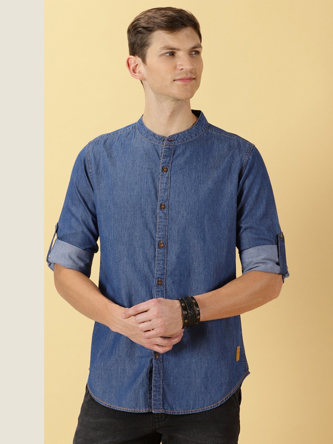 

Thomas Scott Smart Slim Fit Denim Spread Collar Long Sleeves Cotton Casual Overdyed Shirt, Navy blue