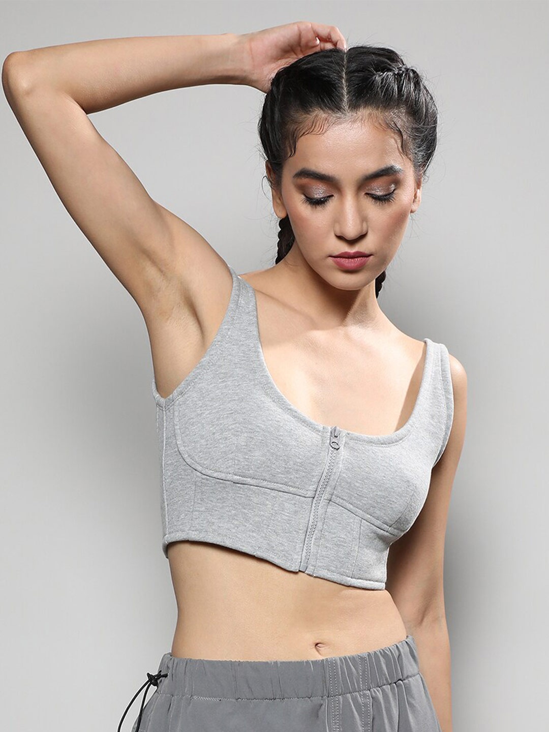 

Campus Sutra Grey Zip-Front Cropped Cotton Corset Top