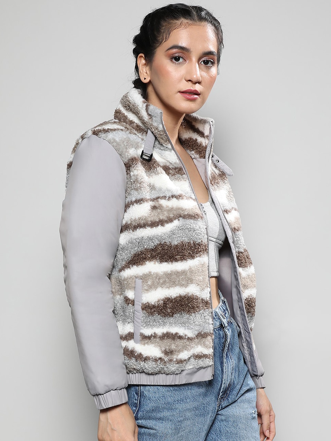 

Campus Sutra Windcheater Faux Fur Trim Puffer Jacket, Brown