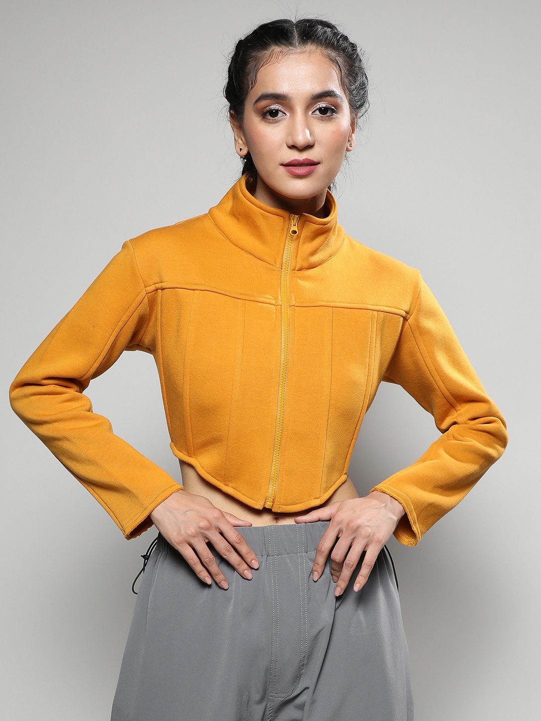 

Campus Sutra Mock Collar Cotton Front Open Cropped Sweatshirt, Mustard