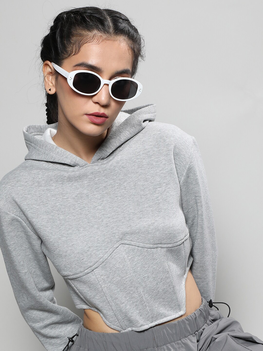 

Campus Sutra Hooded Cotton Cropped Corset Pullover, Grey