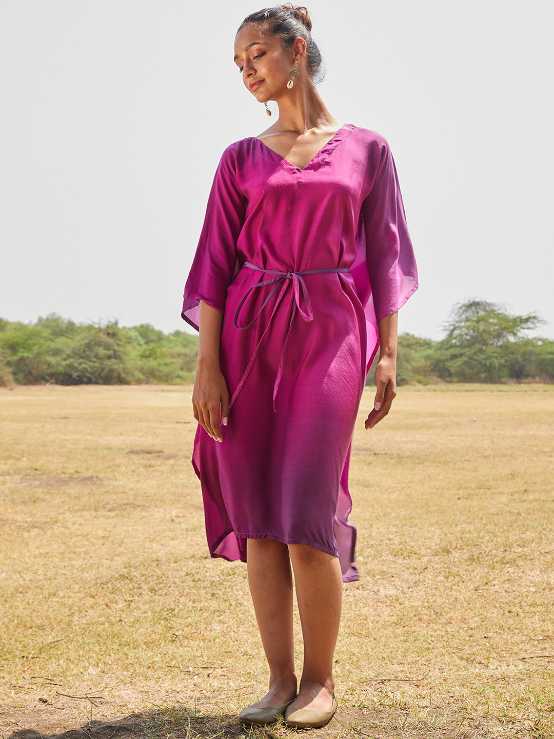 

OKHAI Ombre Kimono Sleeves Silk Kaftan Dress, Purple