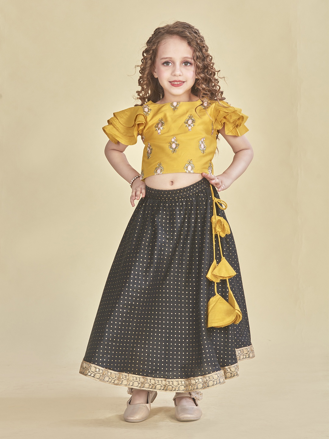 

Lil Peacock Girls Embroidered Flutter Sleeves Ready to Wear Lehenga & Blouse, Yellow