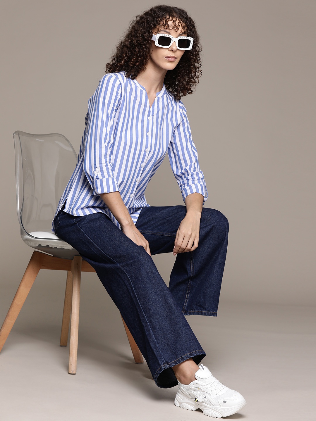

Roadster Women Women Opaque Striped Cotton Casual Shirt, Blue