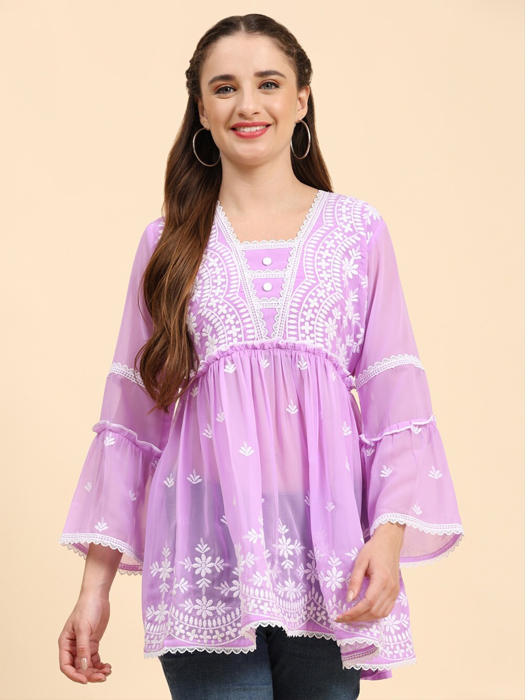 

Growish Purple Floral Embroidered Square Neck Bell Sleeve Kurti