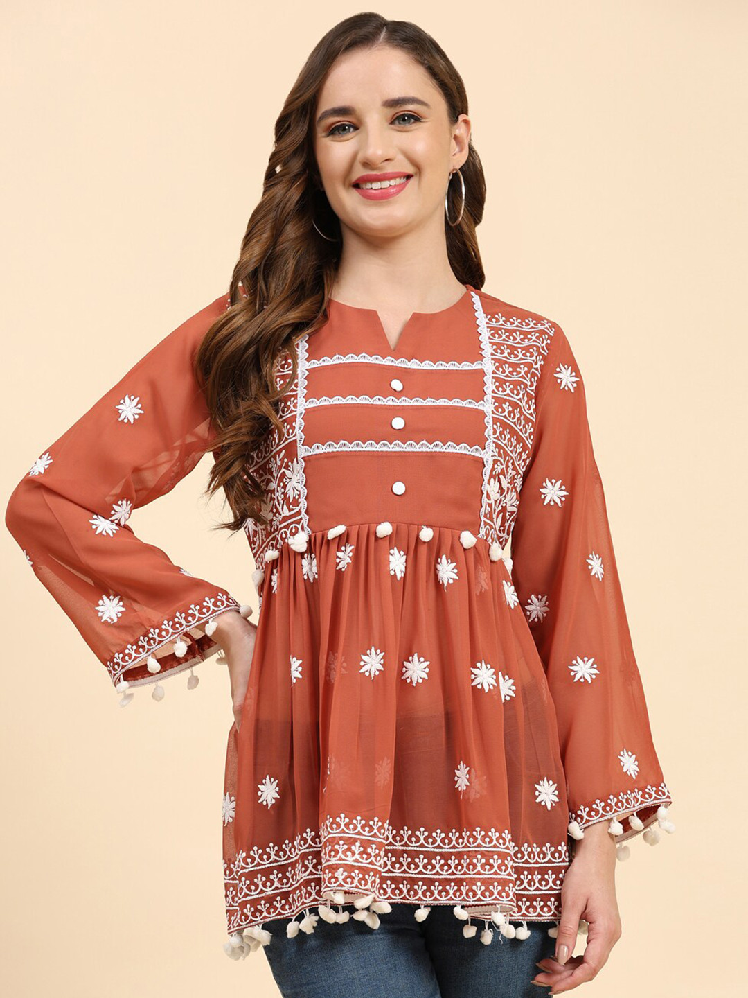 

Growish Ethnic Motifs Embroidered Flared Sleeves Georgette Detail Empire Top, Coffee brown