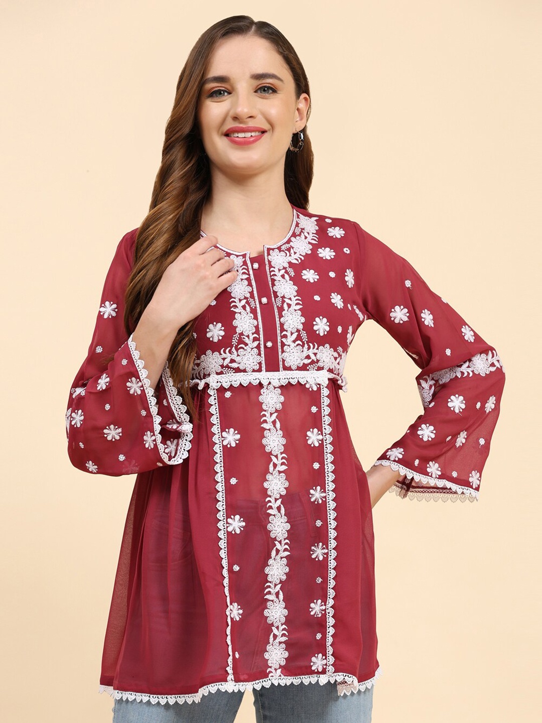 

Growish Floral Embroidered Round Neck Bell Sleeves A-Line Top, Maroon