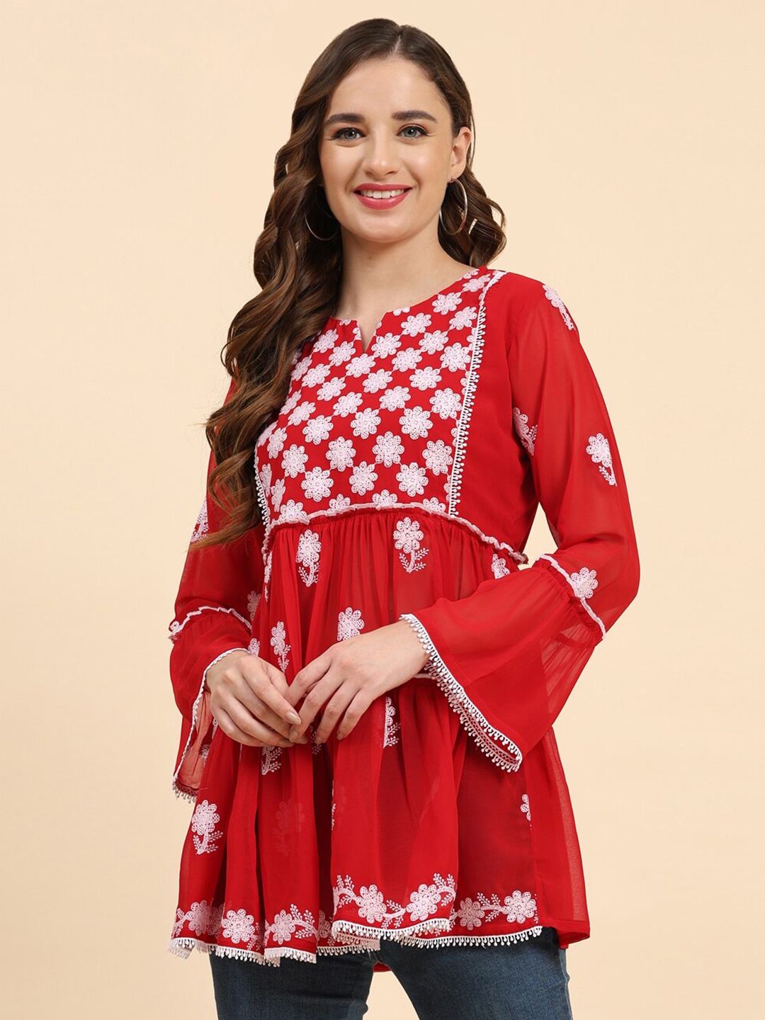 

Growish Floral Embroidered Round Neck Bell Sleeves A-Line Top, Red