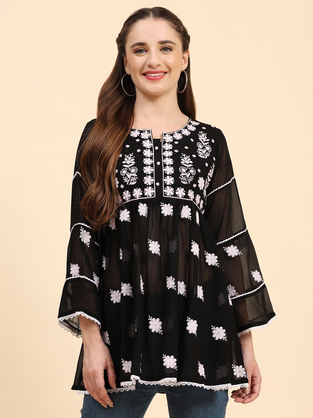 

Growish Floral Embroidered Notched Neck Pleated A-Line Kurti, Black