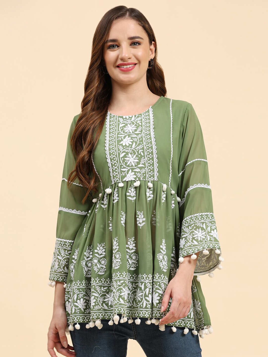 

Growish Ethnic Motifs Embroidered Round Neck Georgette Top, Green