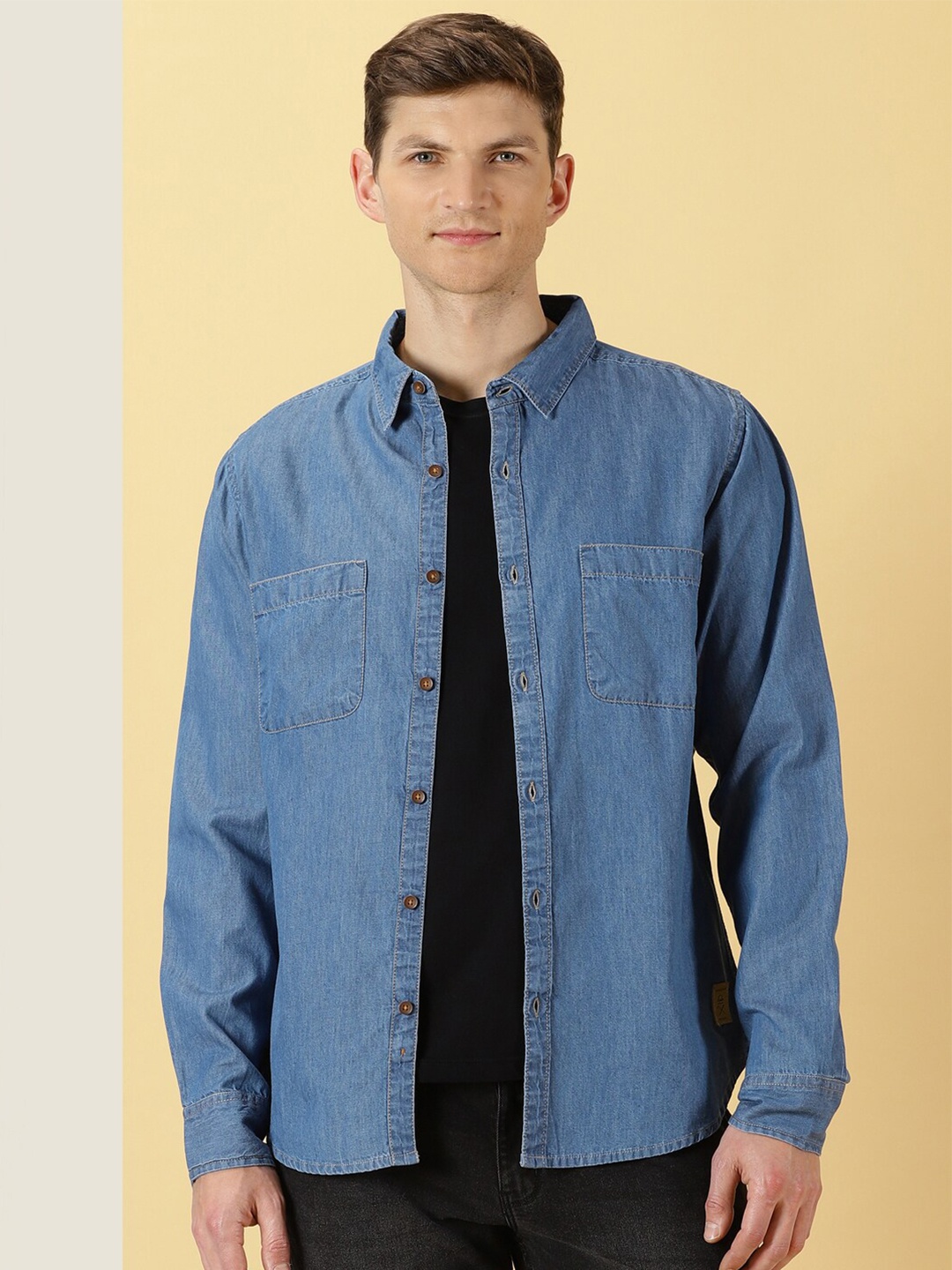 

Thomas Scott Smart Slim Fit Denim Spread Collar Long Sleeves Cotton Casual Overdyed Shirt, Blue