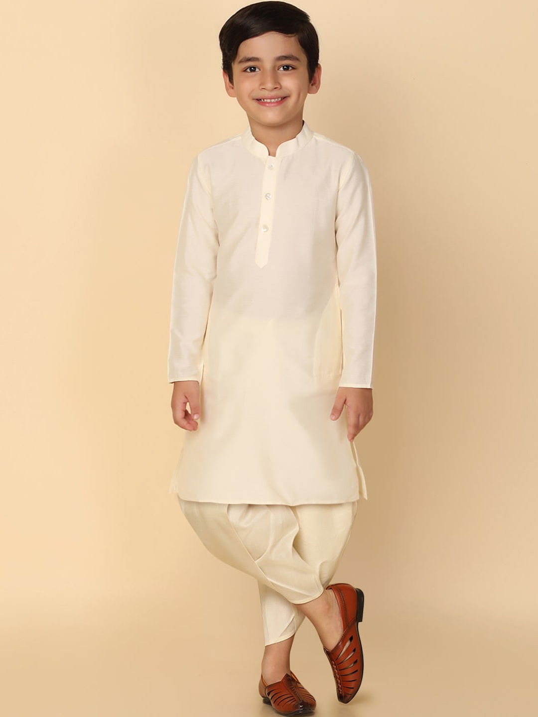 

KISAH Boys Mandarin Collar Long Sleeves Kurta with Dhoti Pants, Off white