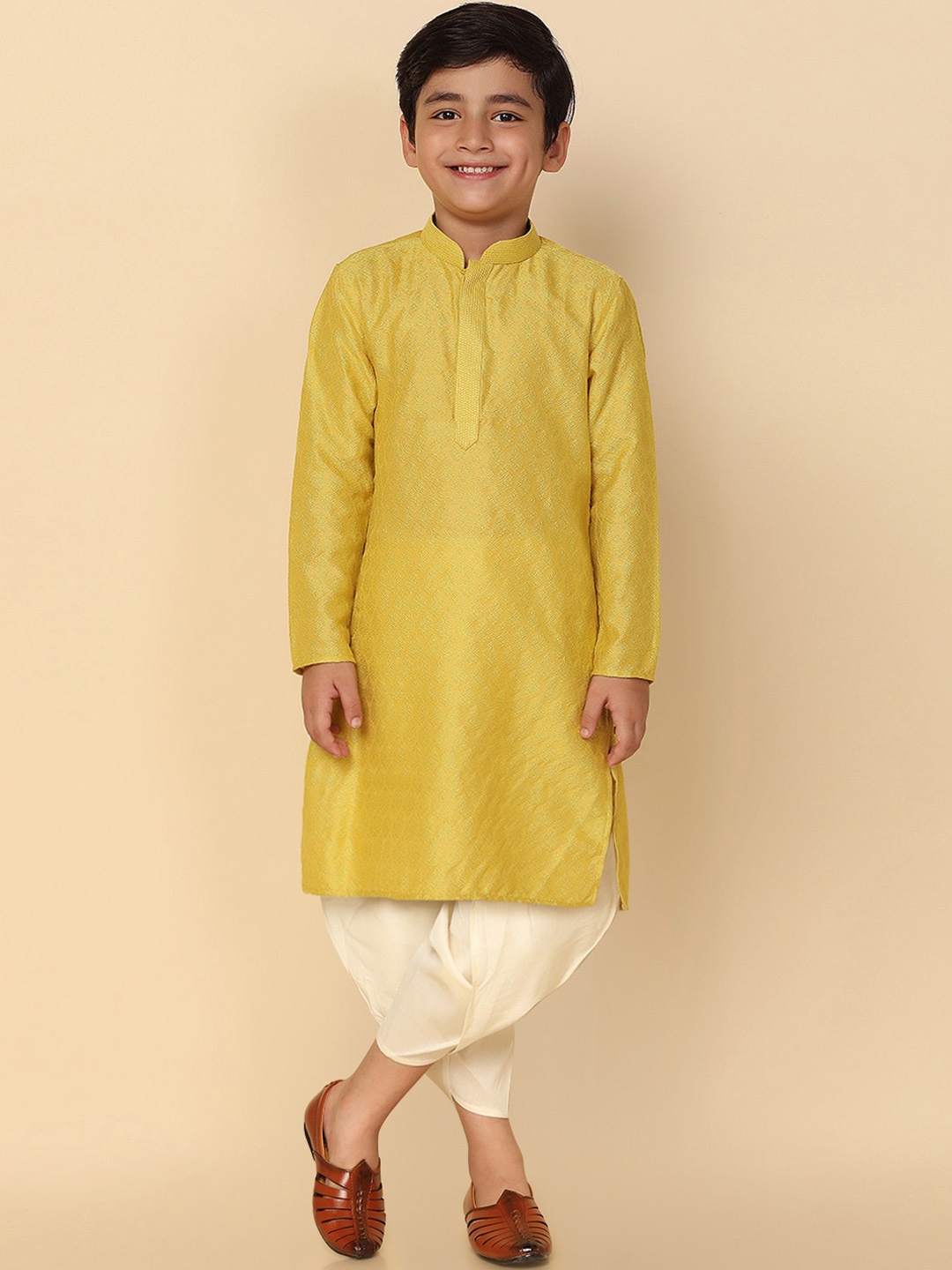 

KISAH Boys Ethnic Motifs Woven Design Straight Kurta with Dhoti Pants, Yellow