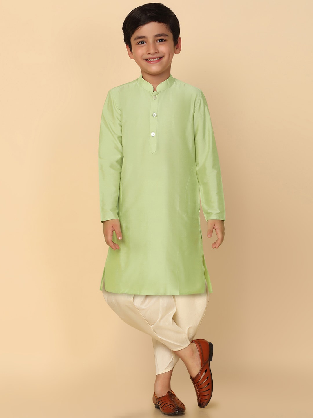 

KISAH Boys Mandarin Collar Kurta With Dhoti Pants, Green