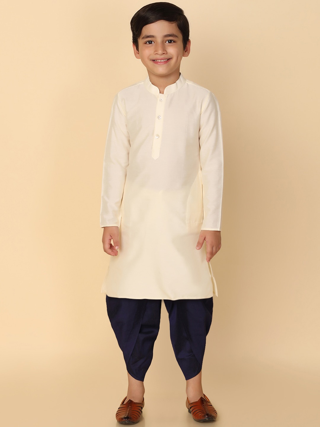 

KISAH Boys Mandarin Collar Regular Kurta With Dhoti Pants, Off white