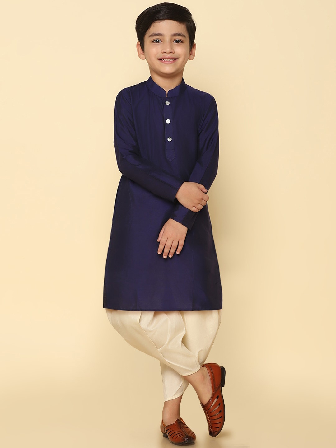 

KISAH Boys Mandarin Collar Straight Pure Cotton Kurta with Dhoti Pants, Blue