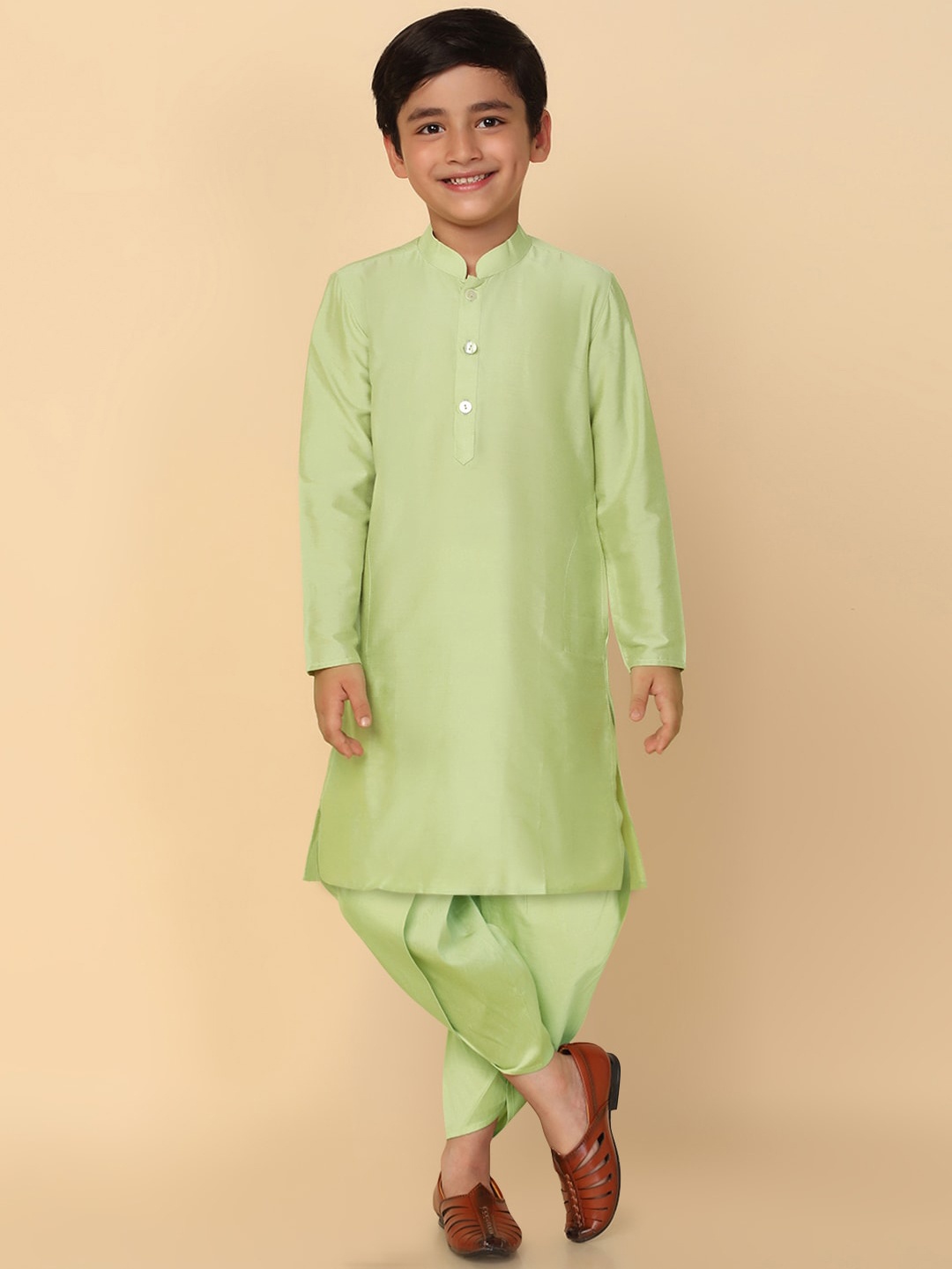 

KISAH Boys Mandarin Collar Regular Kurta with Dhoti Pants, Green