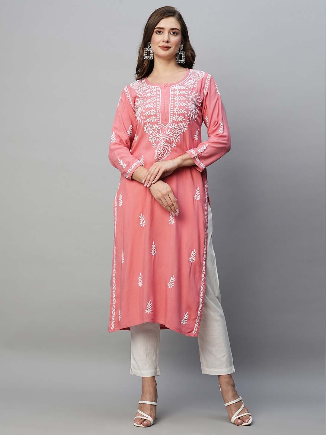 

ADA Ethnic Motifs Embroidered Round Neck Lucknowi Chikankari Regular Kurta, Peach
