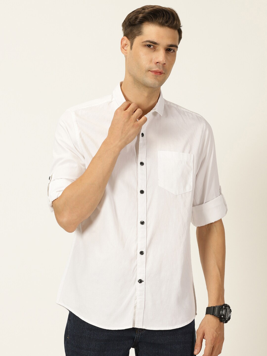 

Mast & Harbour White Classic Slim Fit Roll-Up Sleeves Twill Pure Cotton Casual Shirt