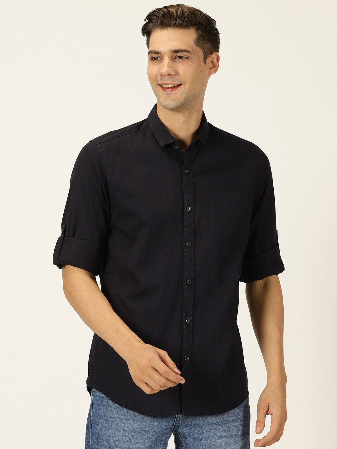 

Mast & Harbour Navy Blue Classic Slim Fit Roll-Up Sleeves Twill Pure Cotton Casual Shirt