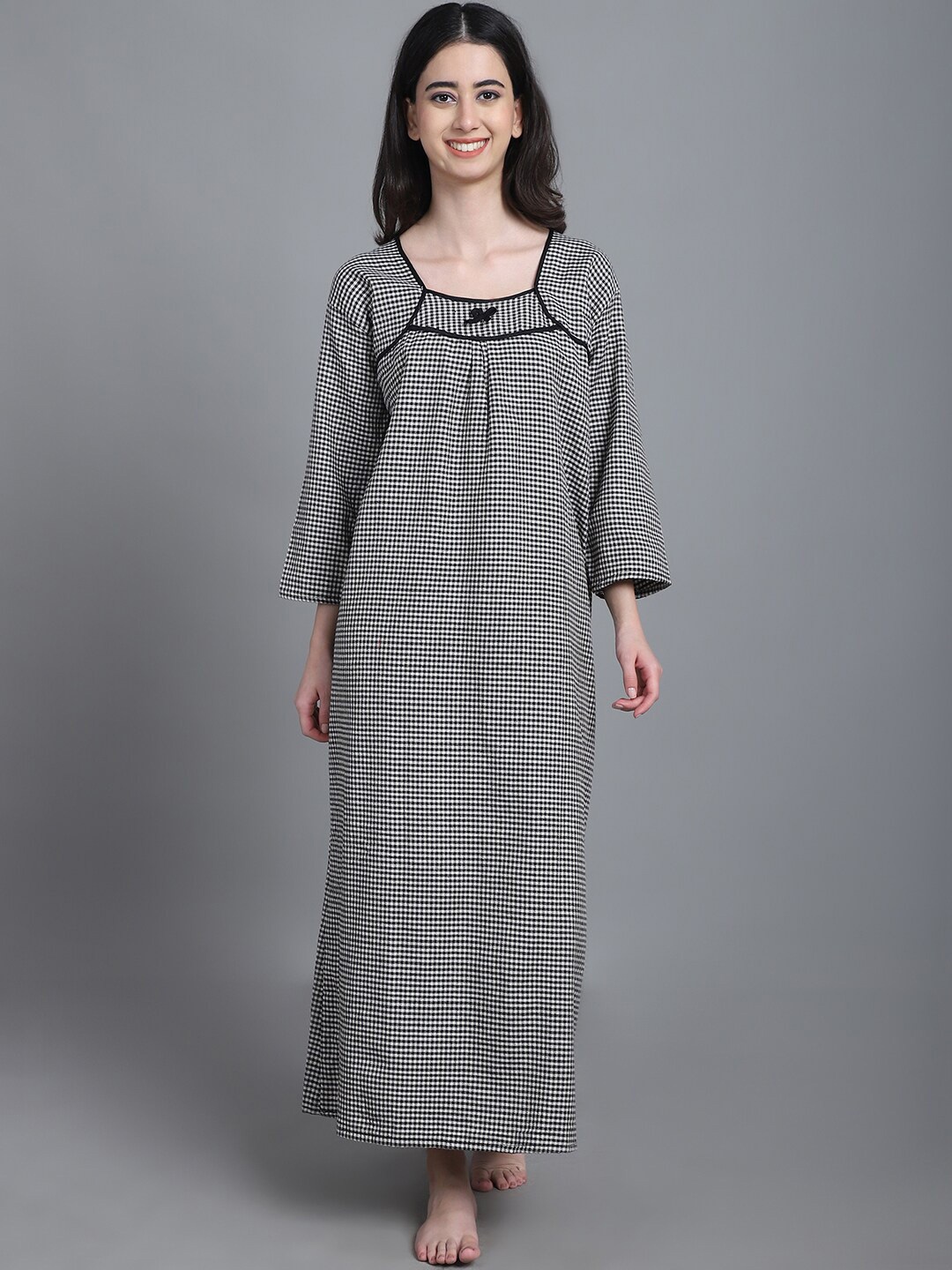 

Shararat Checked Round Neck Long Sleeves Maxi Nightdress, Black