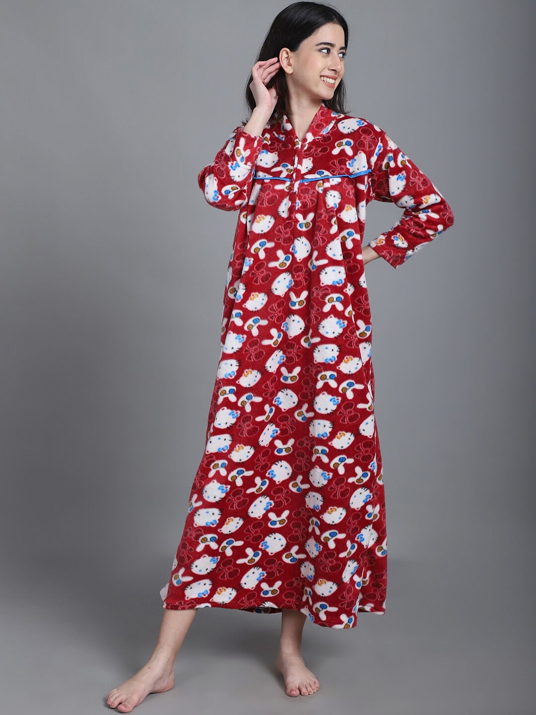 

Shararat Cartoon Characters Printed Mandarin Collar Maxi Nightdress, Red