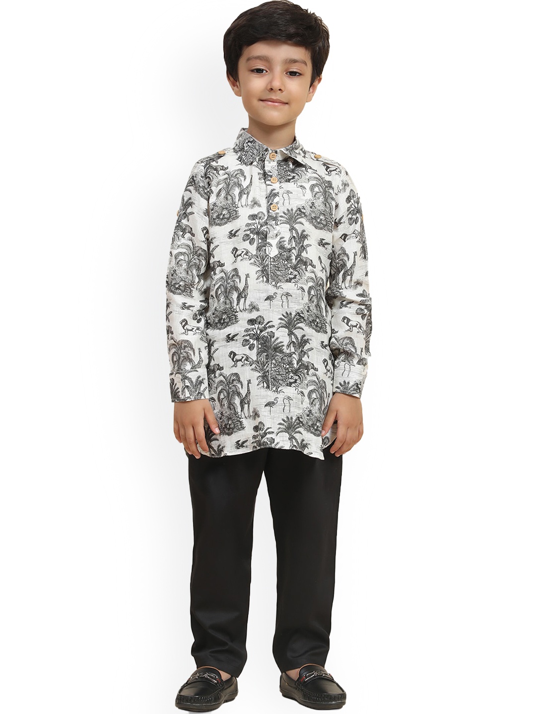 

BAESD Infant Boys Floral Printed Shirt Collar Pure Linen Kurta with Pyjamas, White