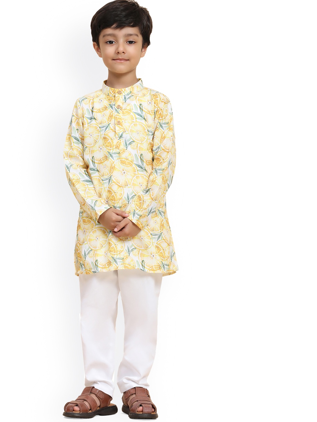 

BAESD Boys Floral Printed Kurta With Trousers, Yellow