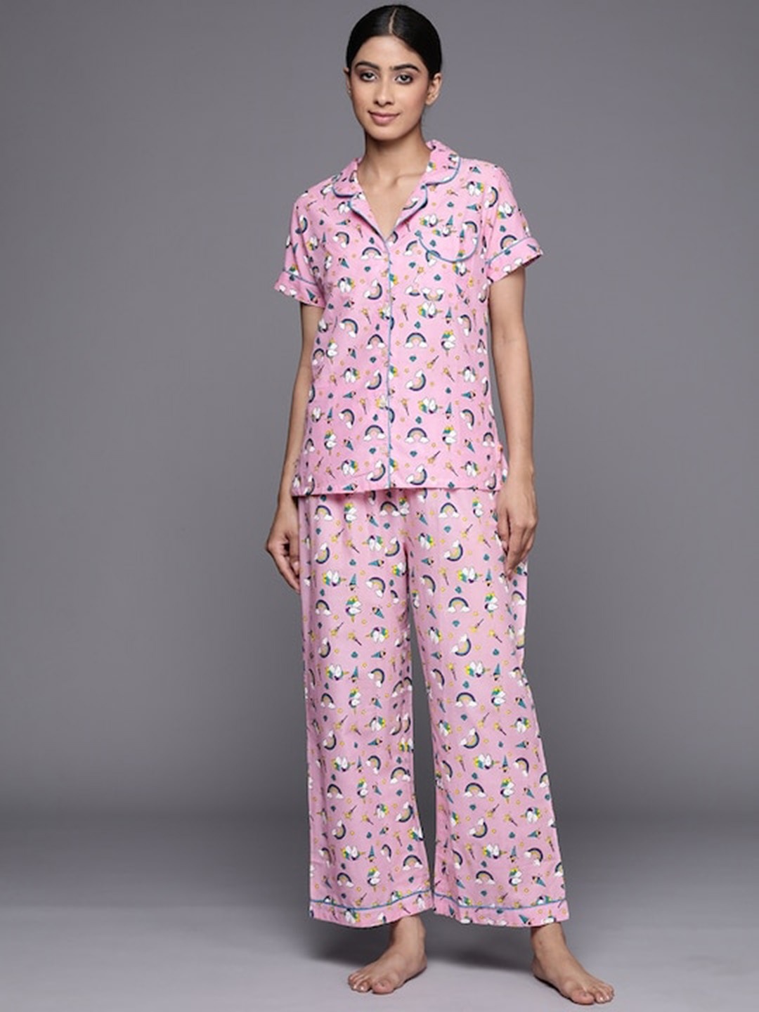 

KALINI Unicorn Printed Lapel Collar Pure Cotton Night suit, Pink