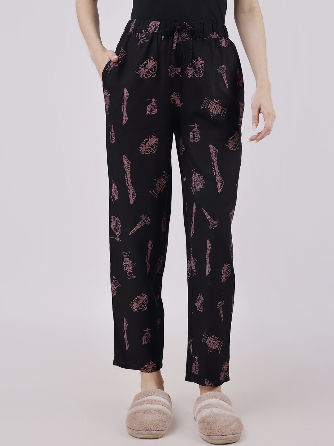 

Soie Women Printed Straight Lounge Pants, Black