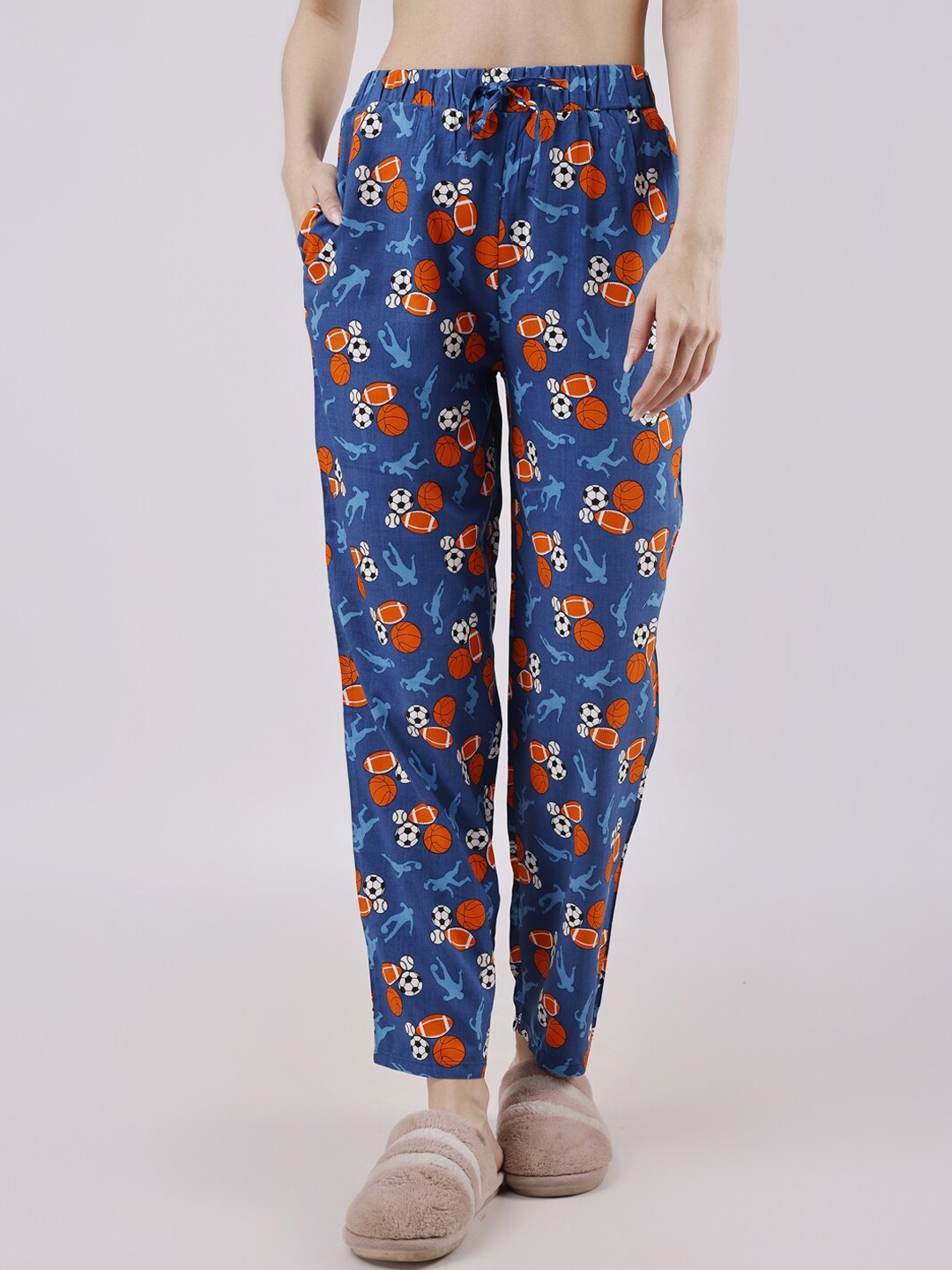 

Soie Women Floral Printed Straight Lounge Pants, Blue