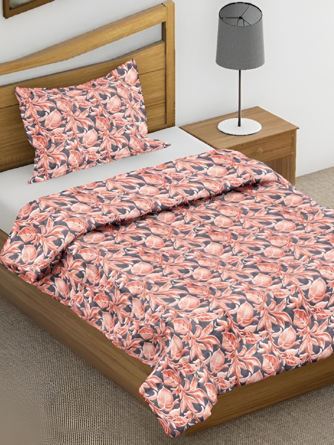 

LINENOVATION Grey & Peach-Coloured Floral 200 GSM AC Room Double Bed Comforter