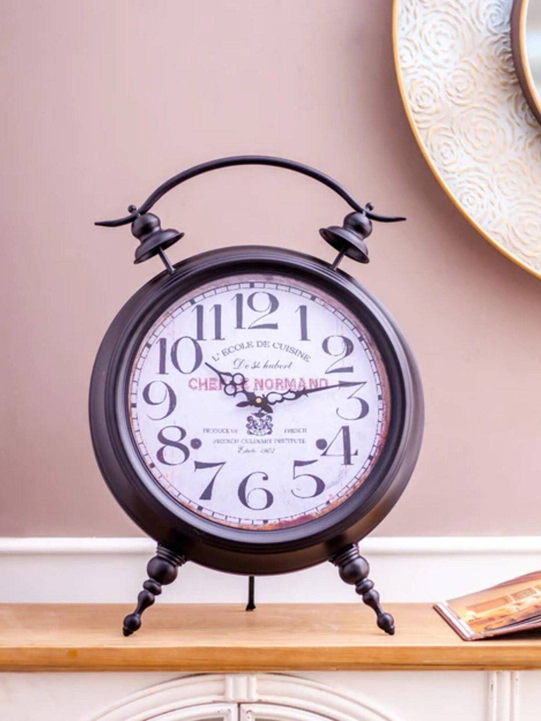 

THEDECORKART Brown &White Printed Round Contemporary Table Clock, Black
