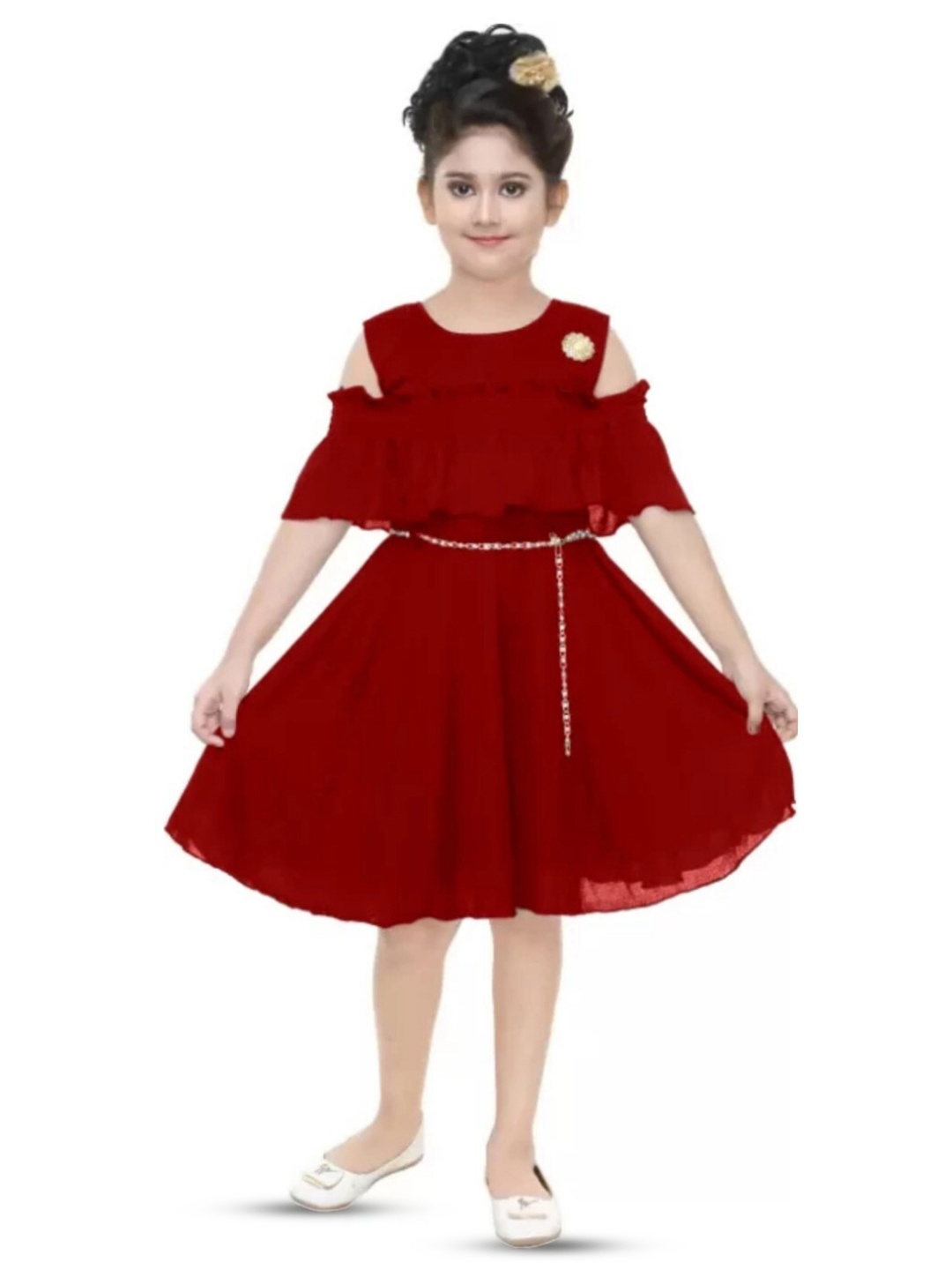 

BAESD Girls Cold-Shoulder Sleeves Round Neck A-Line Dress, Maroon