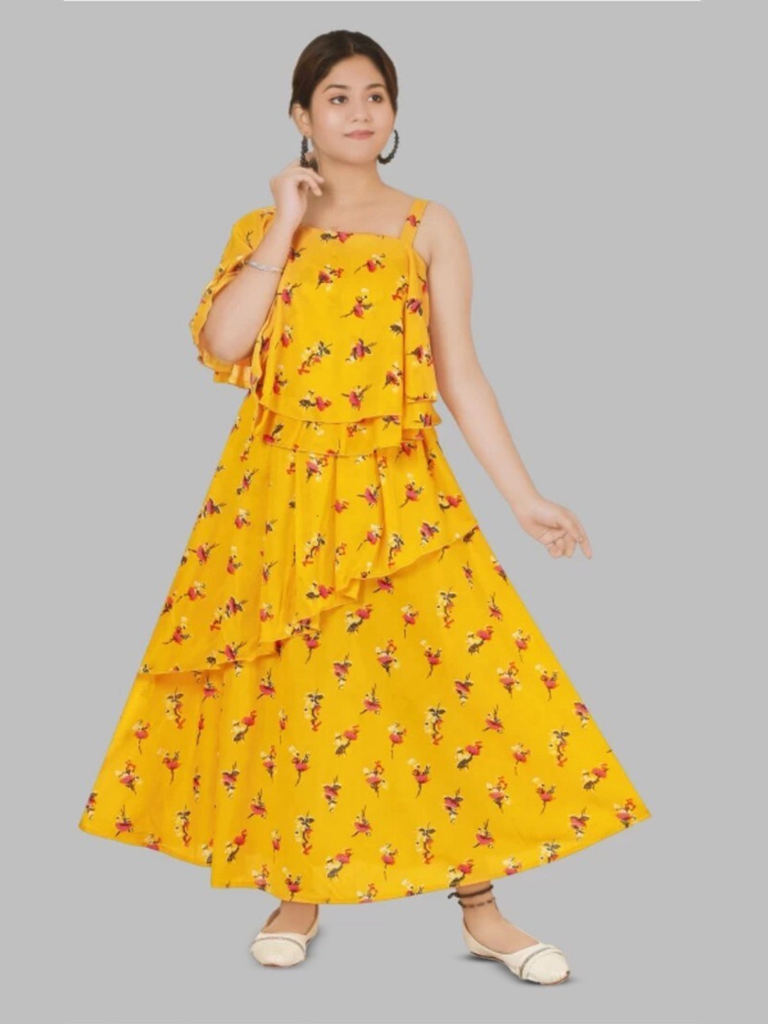 

BAESD Girls Floral Printed Asymmetric Neck Flared Sleeves Layered Detailed Maxi Dress, Yellow