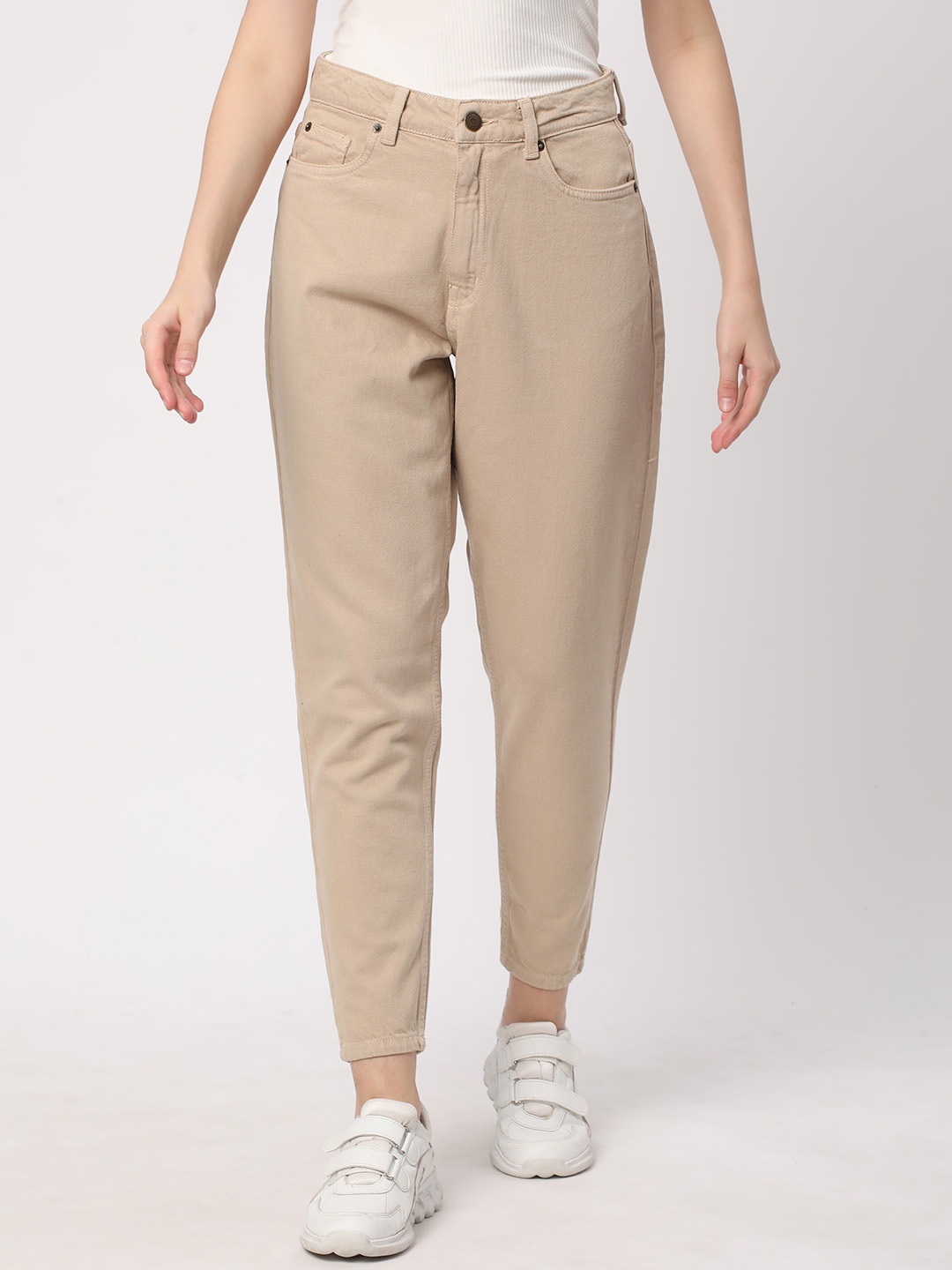 

R&B Women Mom Fit Mid-Rise Cotton Jeans, Khaki