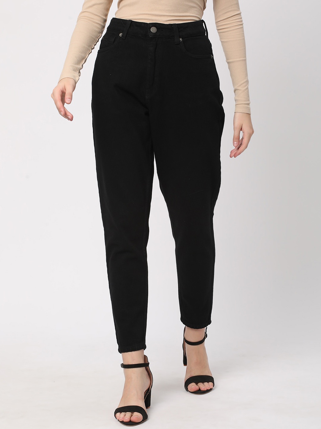 

R&B Women Mom Fit Mid Rise Clean Look Cotton Cropped Jeans, Black