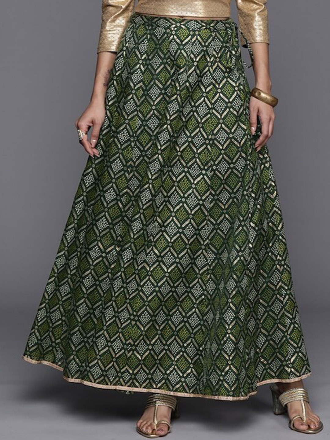 

KALINI Ethnic Motifs Printed Flared Maxi Skirt, Green