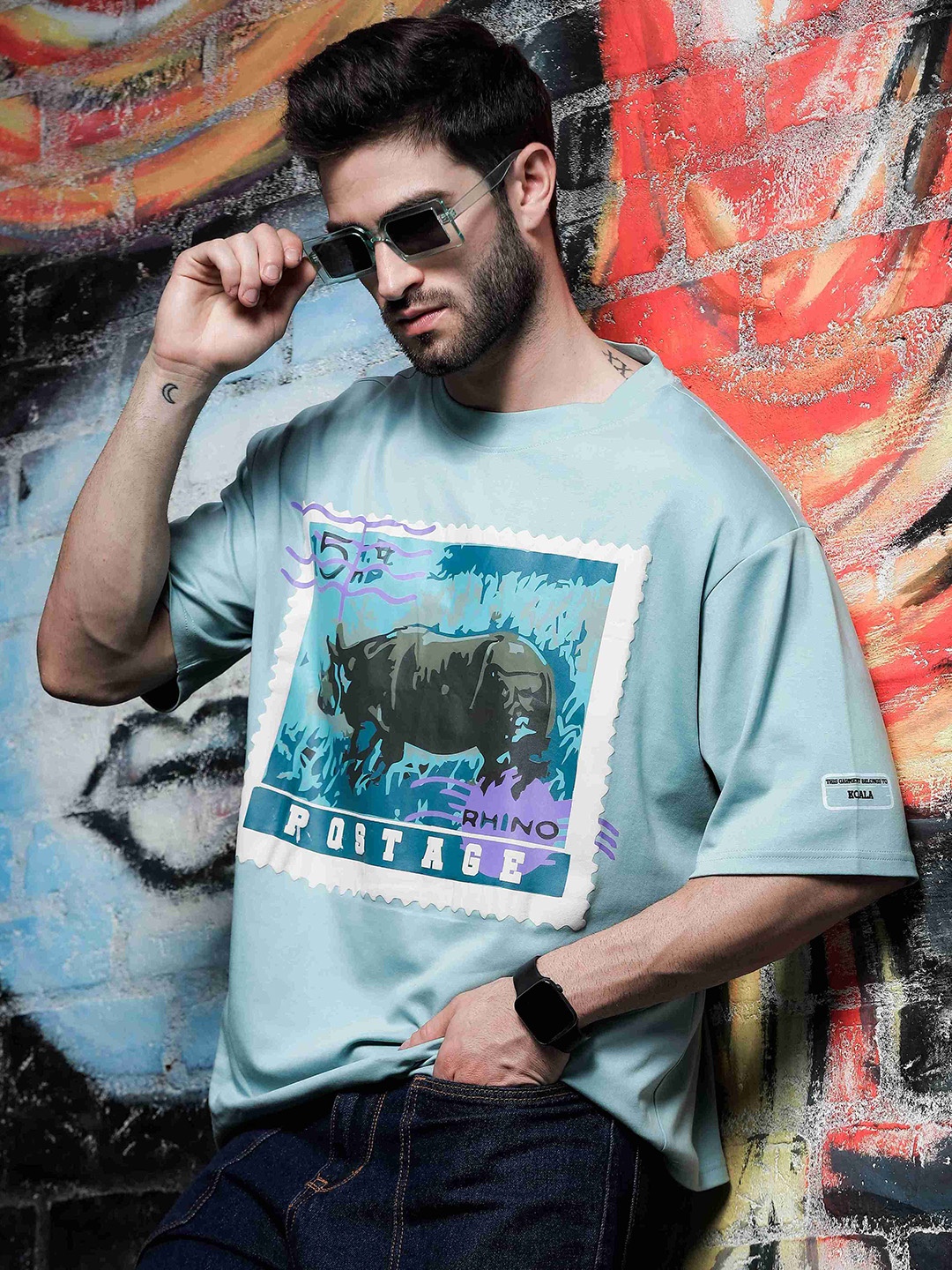

House of Koala Unisex Graphic Printed Drop-Shoulder Sleeves Cotton Oversized T-shirt, Blue