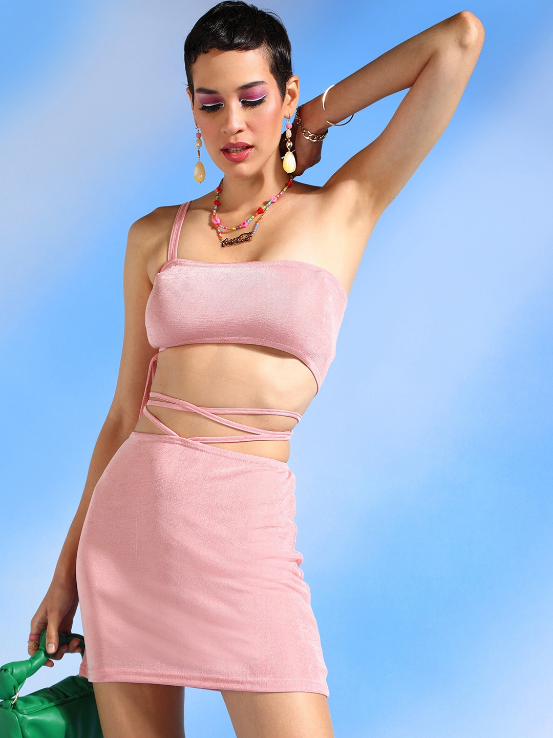 

SHECZZAR Pink One Shoulder Top With Skirt