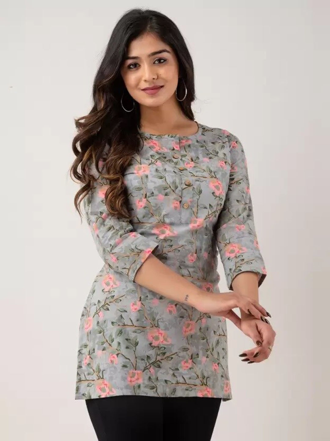 KALINI Floral Printed Round Neck Pure Cotton Kurta, Grey