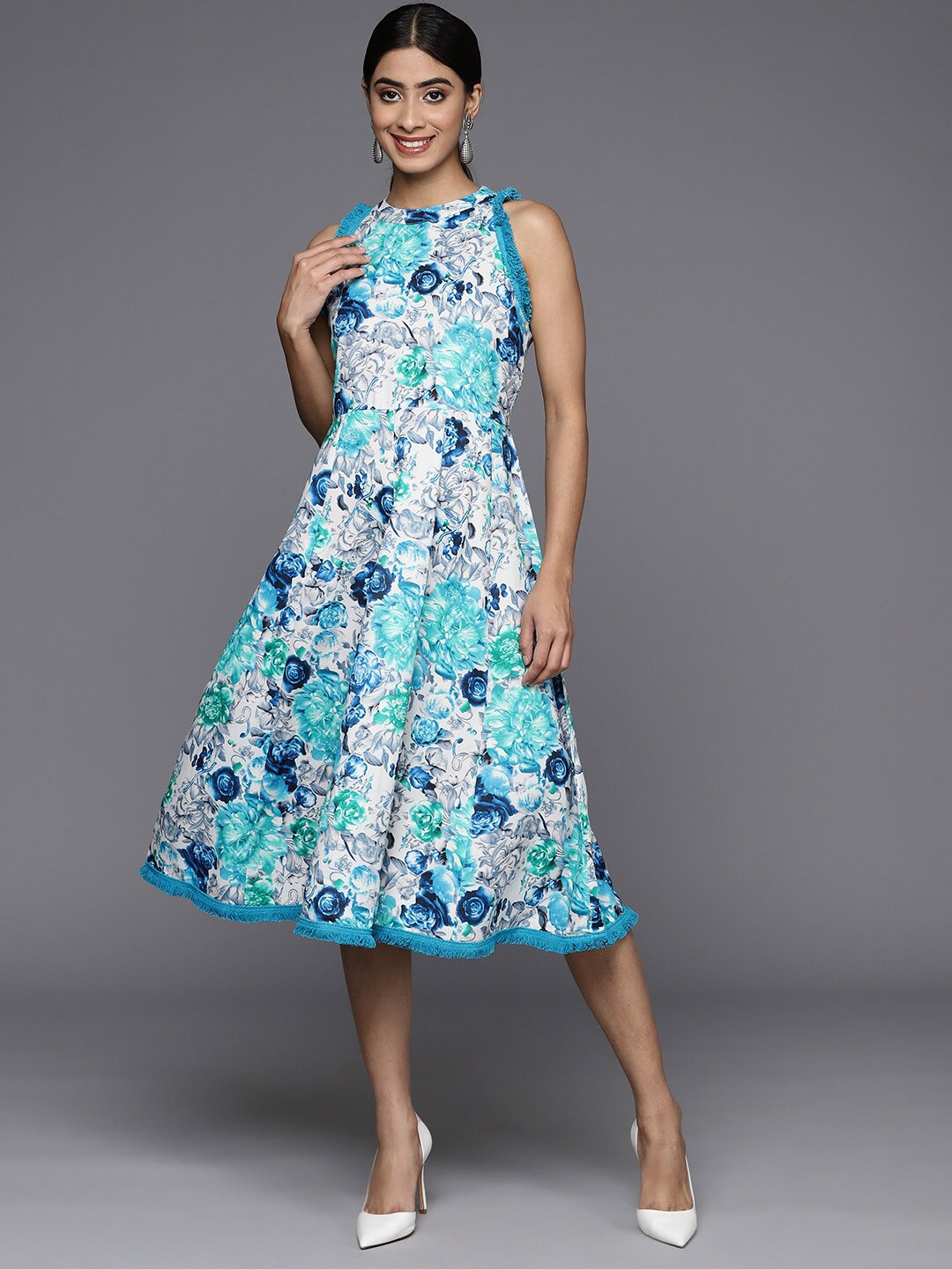 

KALINI Floral Printed Cut-Out Detailed Cotton Fit & Flare Midi Dress, Blue