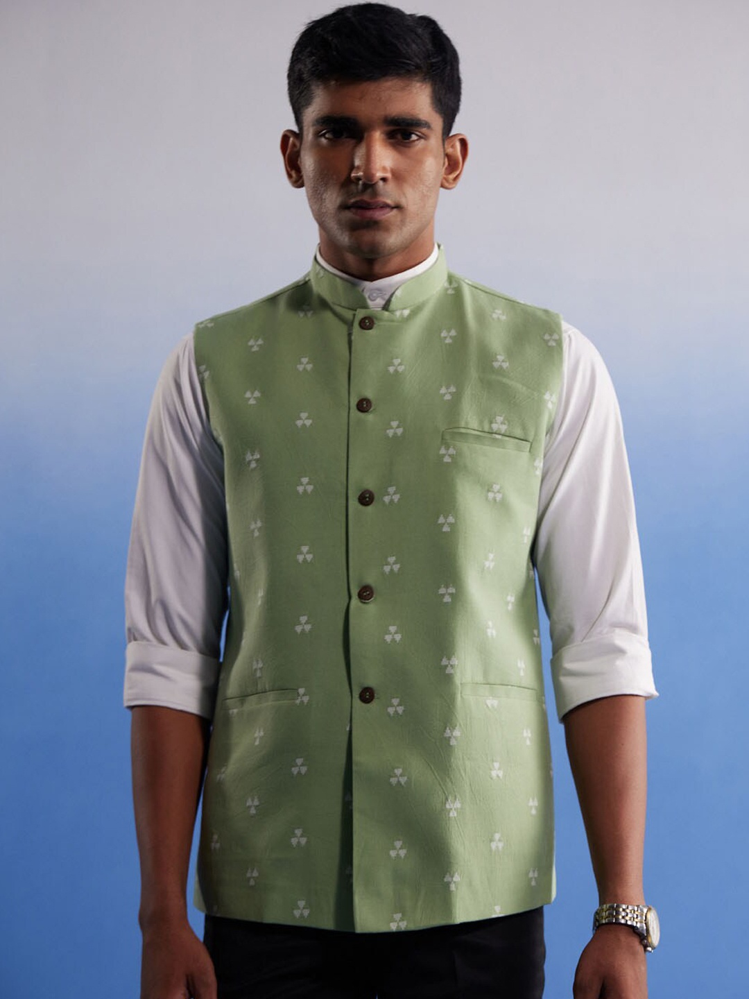 

VASTRAMAY Printed Cotton Nehru Jacket, Green