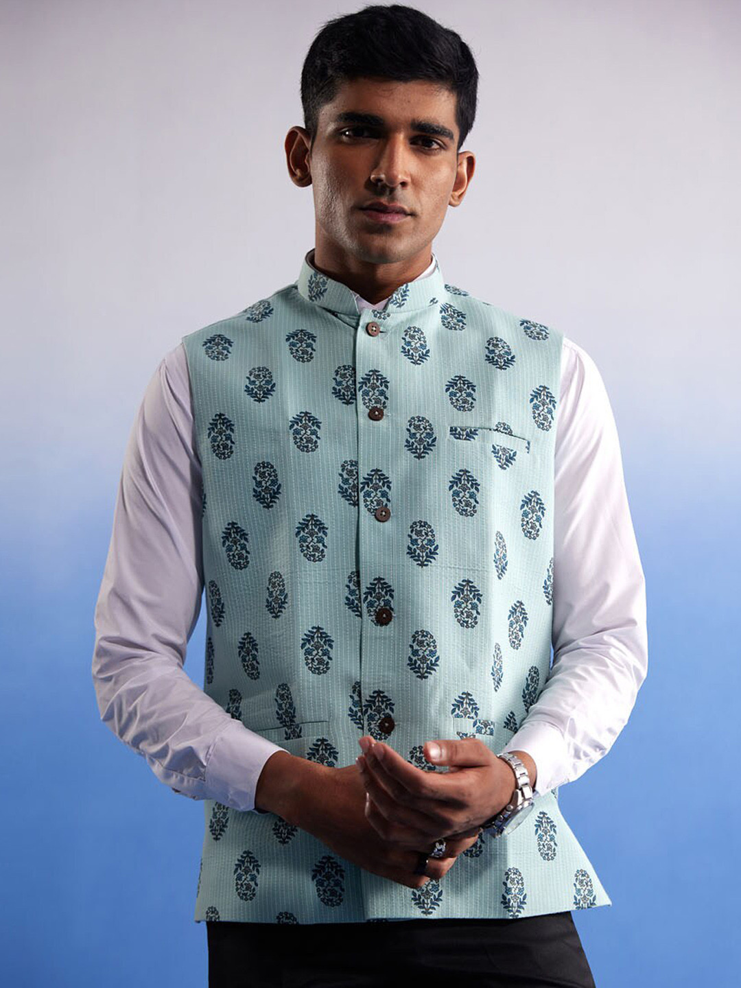 

VASTRAMAY Printed Cotton Nehru Jacket, Green