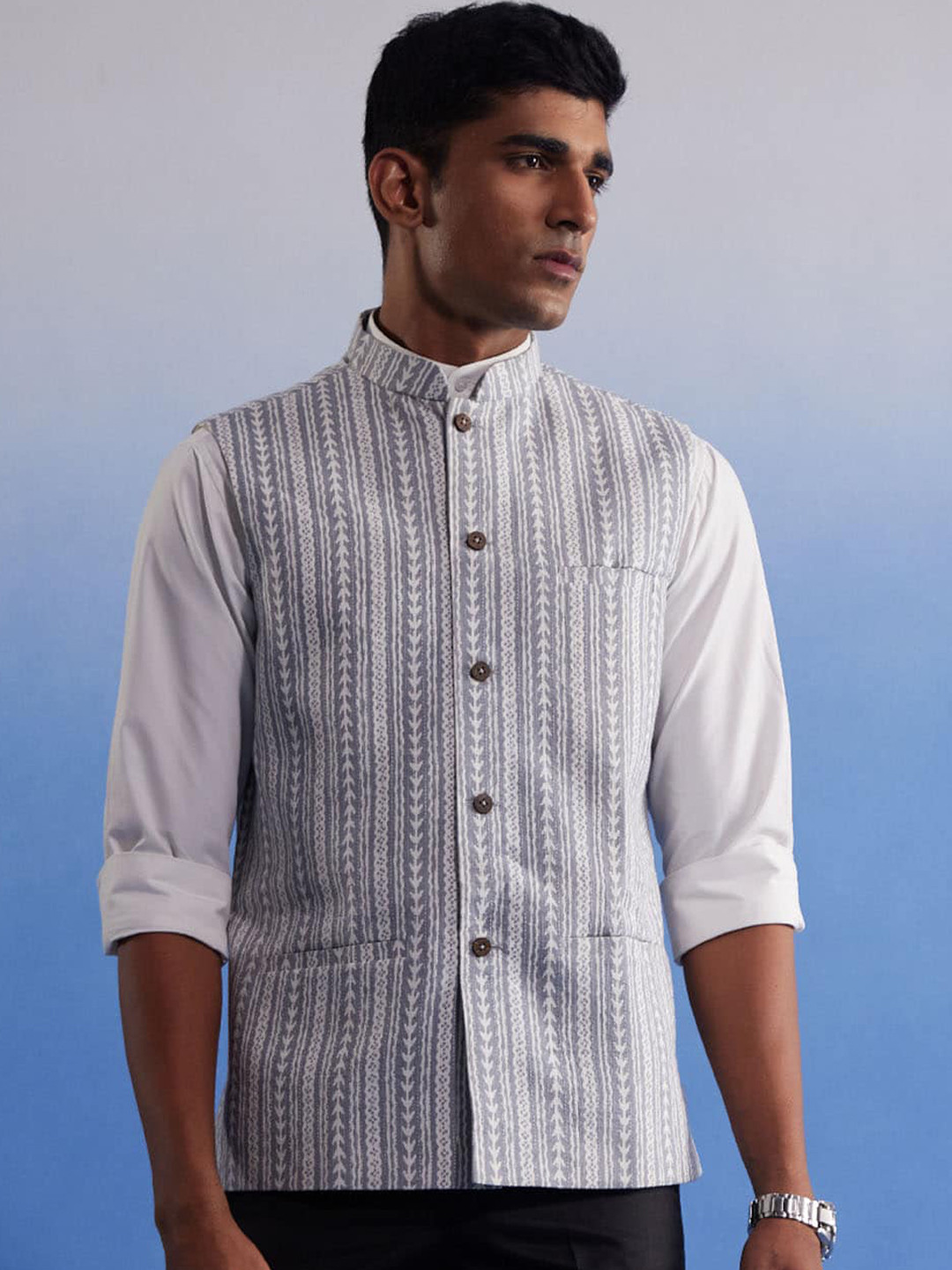 

VASTRAMAY Printed Cotton Nehru Jacket, Grey