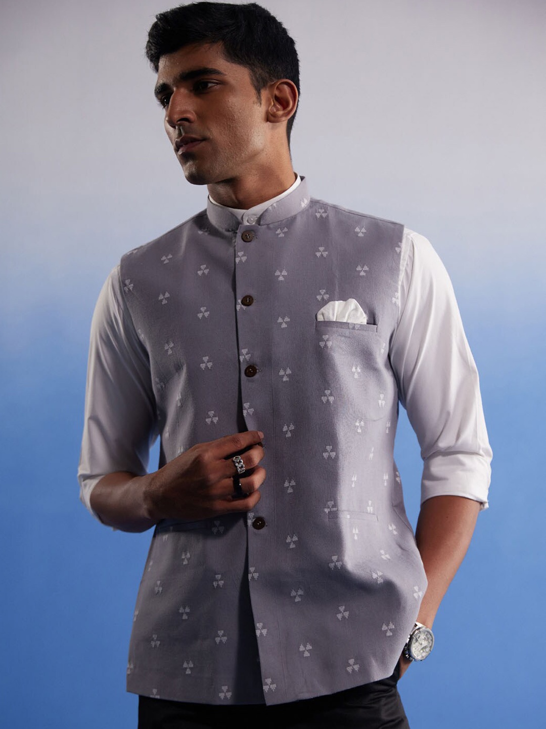 

VASTRAMAY Printed Cotton Nehru Jacket, Grey